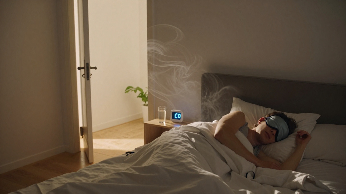 Pessoa a dormir de máscara num quarto com detector de monóxido de carbono a emitir alerta de gás.