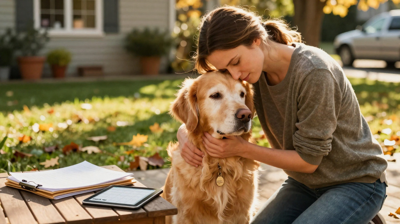 Mulher abraça e aconchega cabeça a um cão dourado num jardim de outono, junto a uma mesa com papéis e um leitor digital.