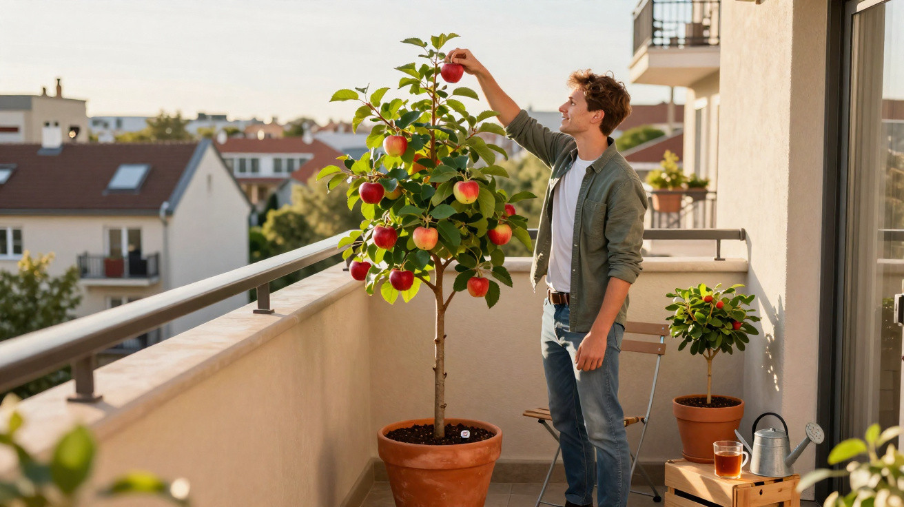 Homem a apanhar maçã numa macieira em vaso, num terraço de apartamento urbano ao entardecer.