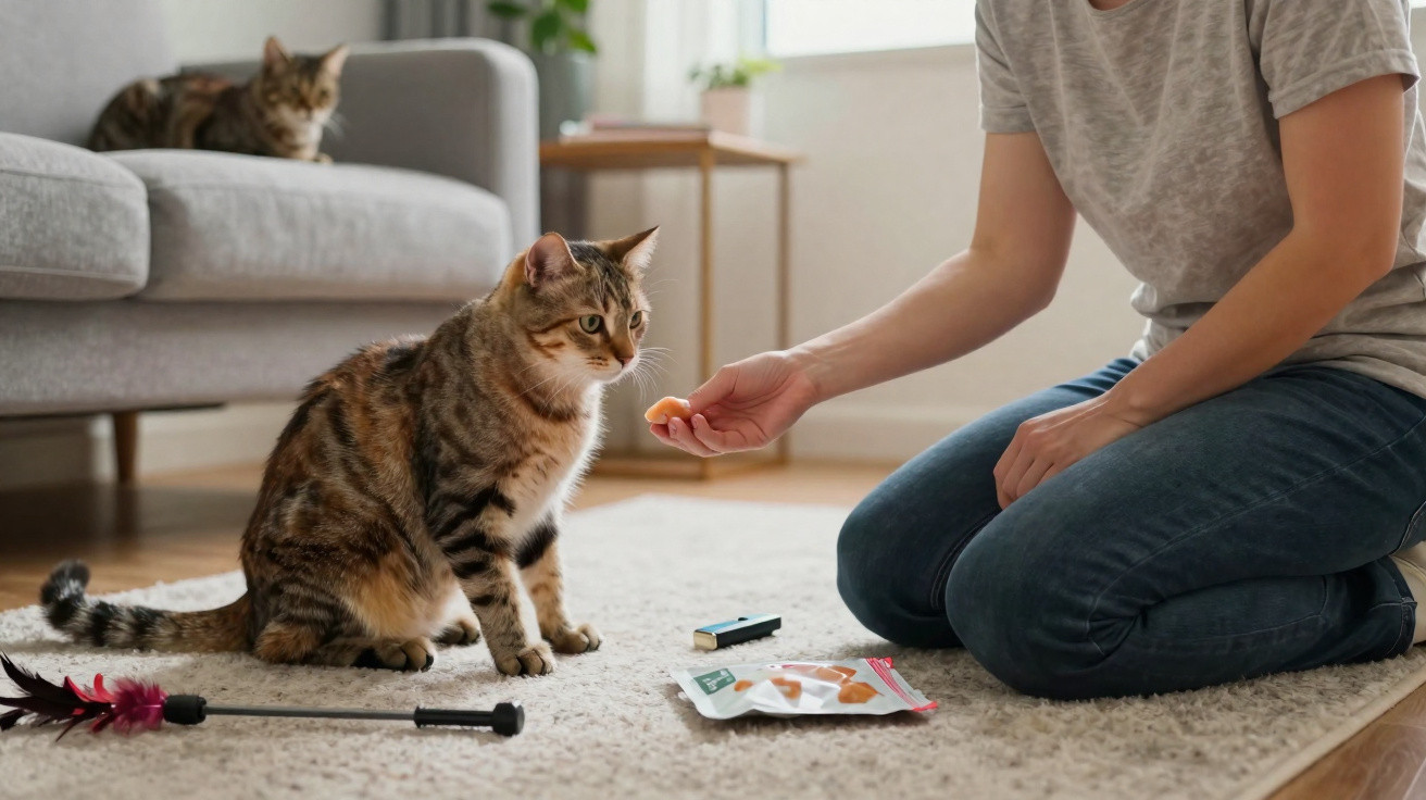 Pessoa alimenta gato com petisco no chão, enquanto outro gato está no sofá ao fundo.