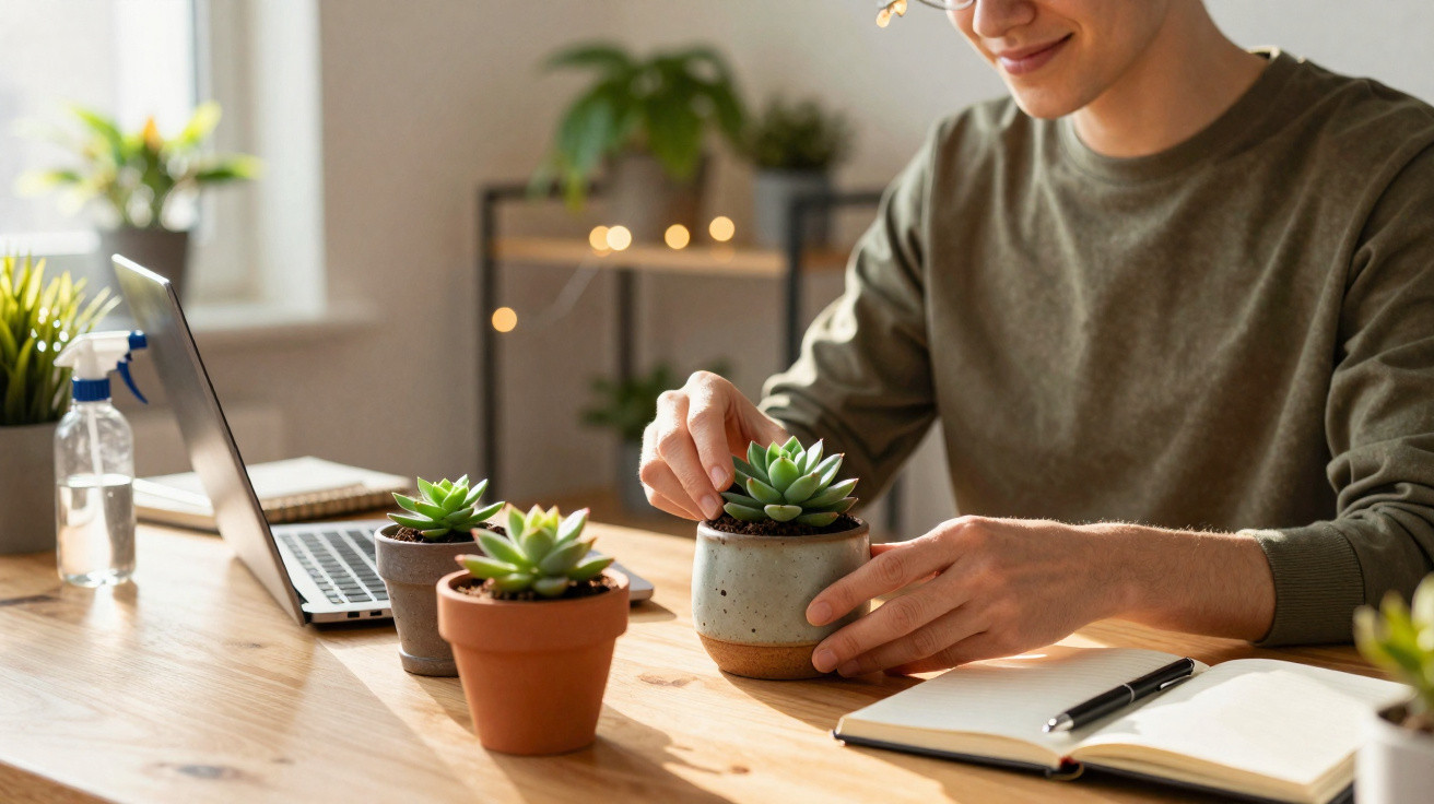 Pessoa a cuidar de plantas suculentas numa mesa com computador portátil e caderno aberto.