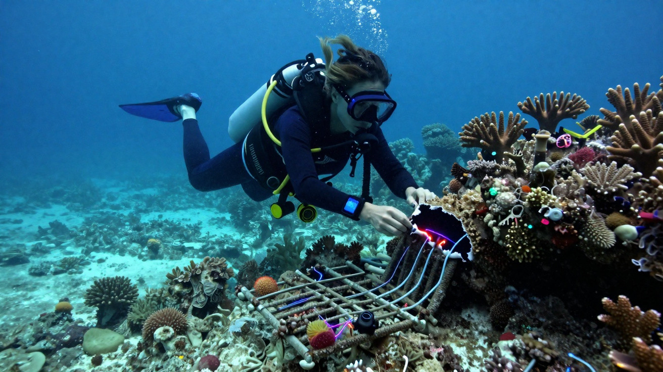 Mergulhadora a monitorizar um recife de coral com equipamento de investigação subaquática.