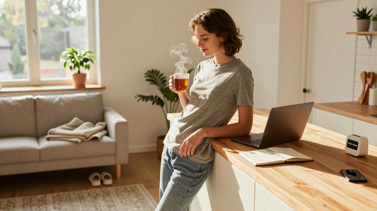 Mulher relaxa em cozinha moderna, encostada no balcão com chá quente na mão e computador portátil aberto.