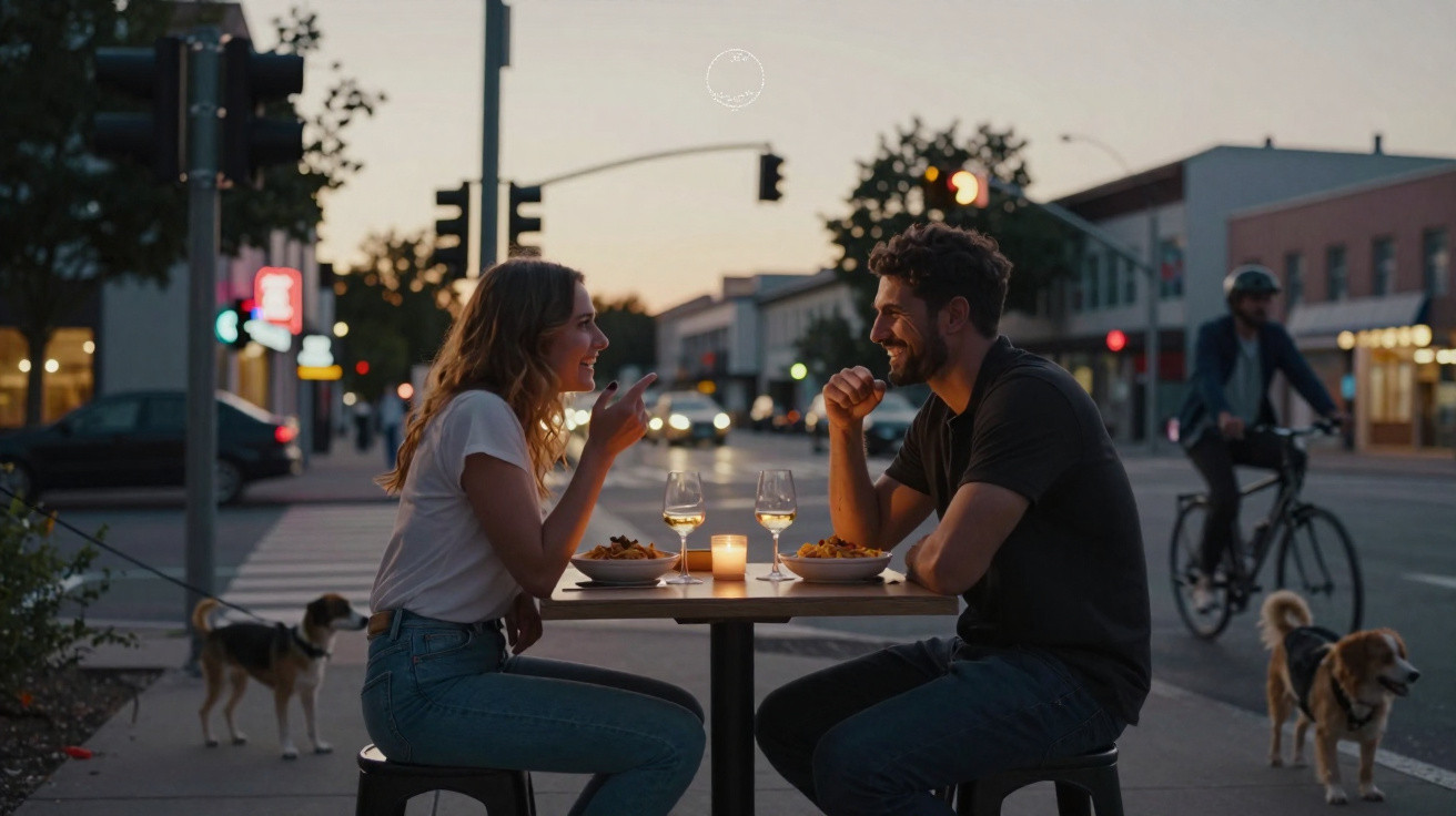 Casal a jantar ao ar livre numa esplanada urbana ao entardecer, com cães e ciclista ao fundo.