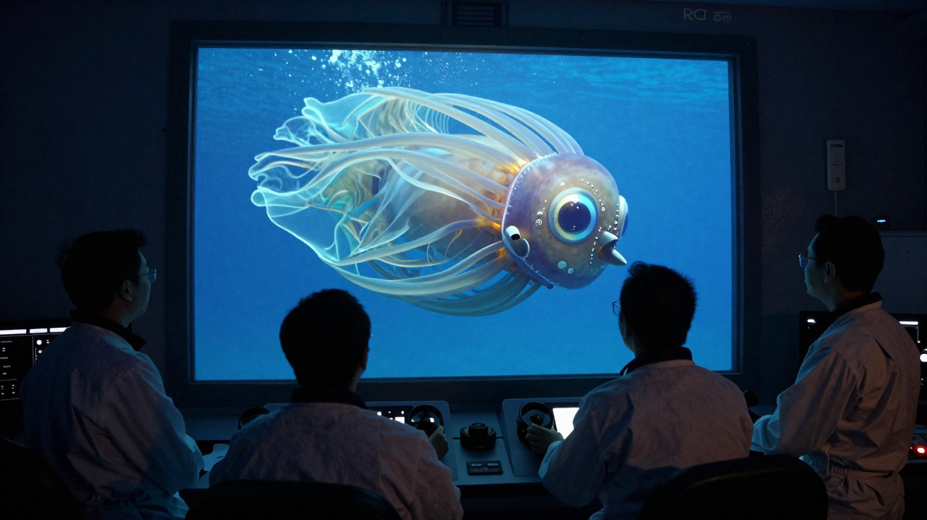 Quatro cientistas observam um ecrã gigante com uma criatura marinha digital a nadar no oceano.