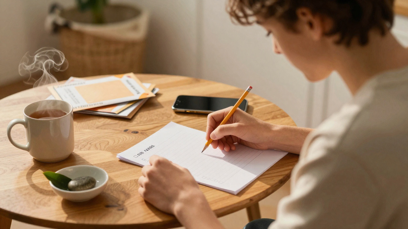 Pessoa a escrever numa folha numa mesa redonda com chá quente, smartphone e envelopes ao lado.