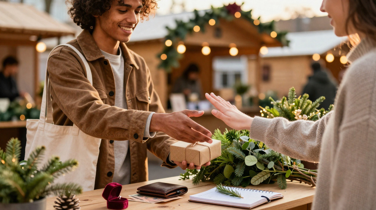 Homem entrega oferta embrulhada para mulher num mercado ao ar livre decorado para o Natal.