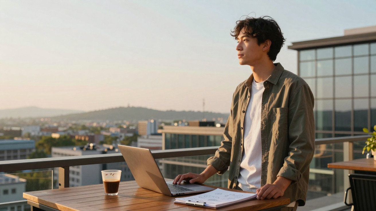 Homem jovem em varanda de escritório com portátil e caderno, olhando para o horizonte ao pôr do sol.