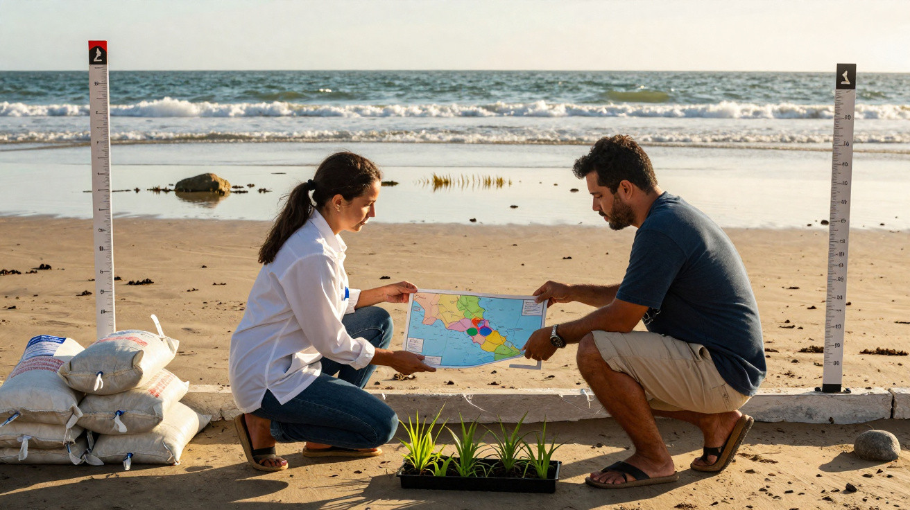 Duas pessoas na praia a analisar um mapa com plantas e sinais de medição na areia.
