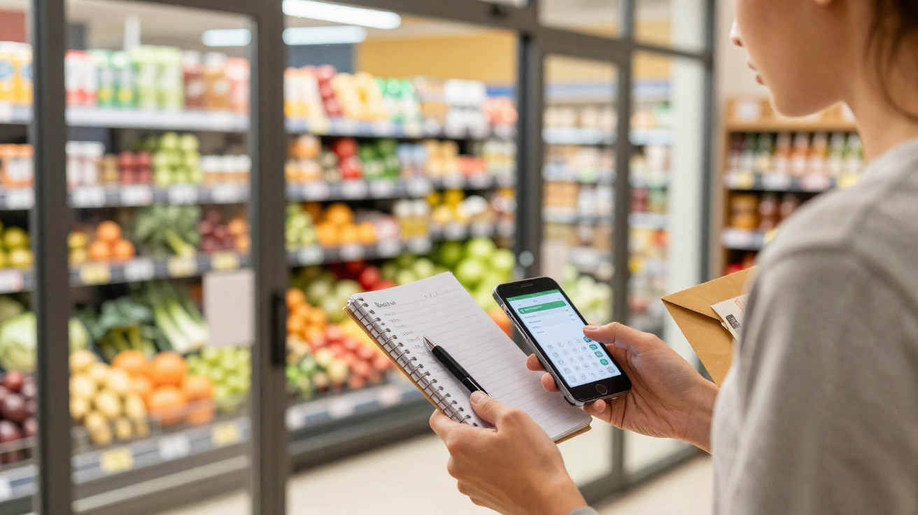 Pessoa consulta lista no telemóvel e bloco de notas enquanto faz compras na secção de frutas do supermercado.