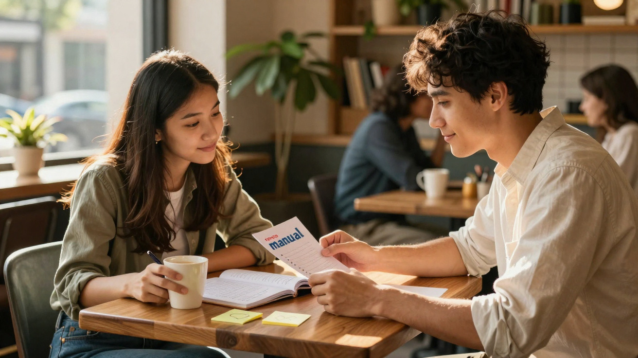 Dois jovens sentados num café a estudar juntos, com livros e uma chávena de café à frente.