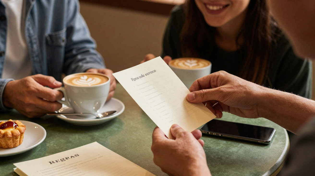 Duas pessoas sentadas numa mesa de café com cappuccinos e um papel com a palavra "Pessoas corretas".