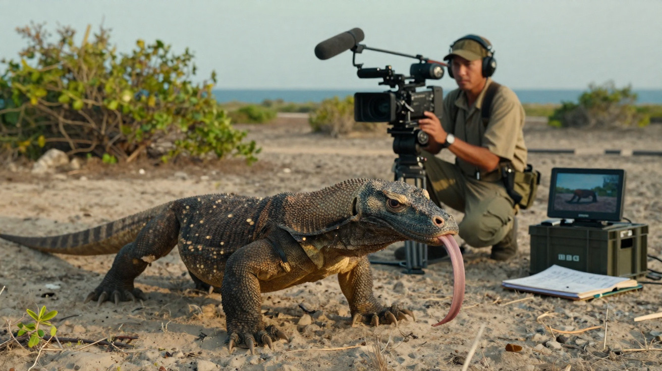 Lagarto-monstro a passear na areia com cinegrafista a filmar em segundo plano.