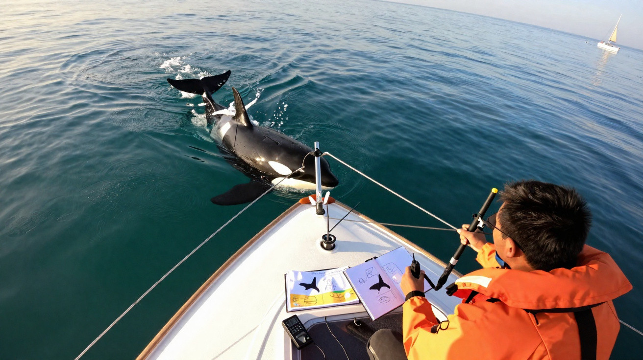 Cientista no barco a observar e marcar uma orca presa em rede no mar calmo ao amanhecer.