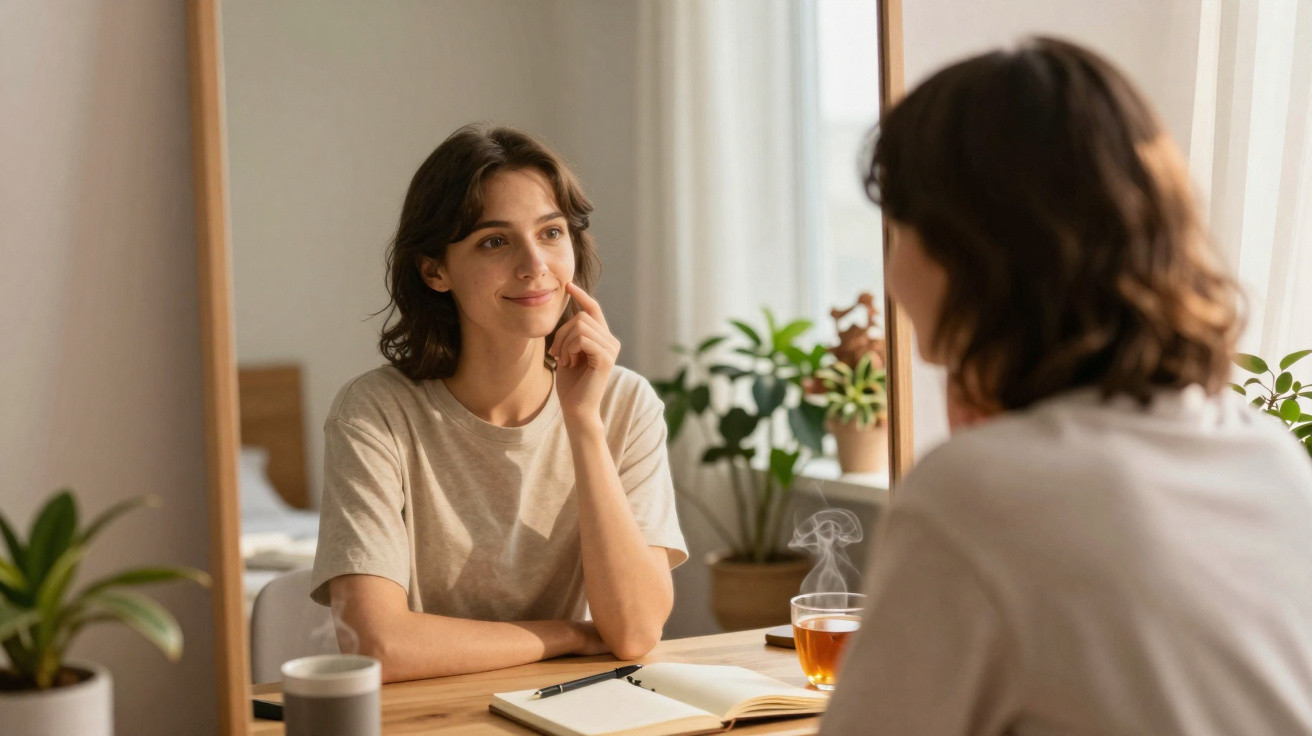 Mulher jovem sentada à mesa olhando para o espelho, com chá e caderno sobre a mesa.
