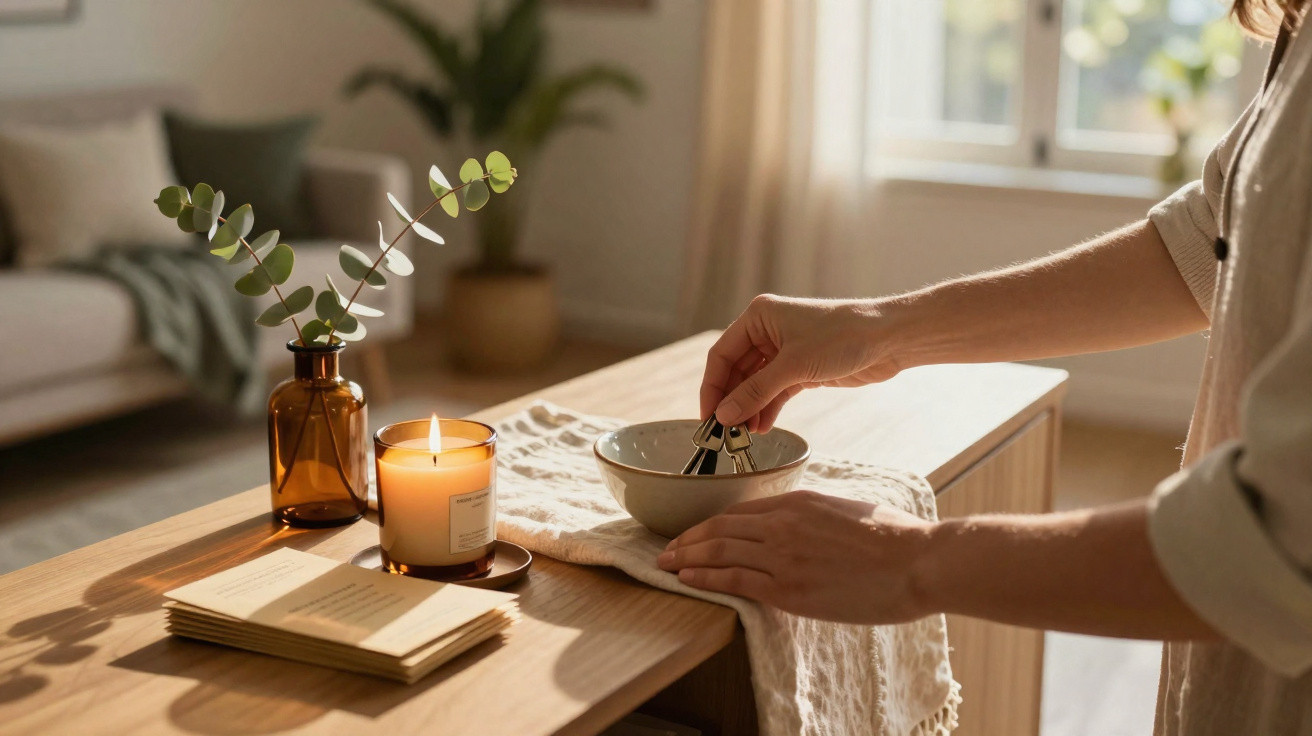 Pessoa a prender sinos de mão dentro de casa com vela acesa e plantas num ambiente acolhedor.