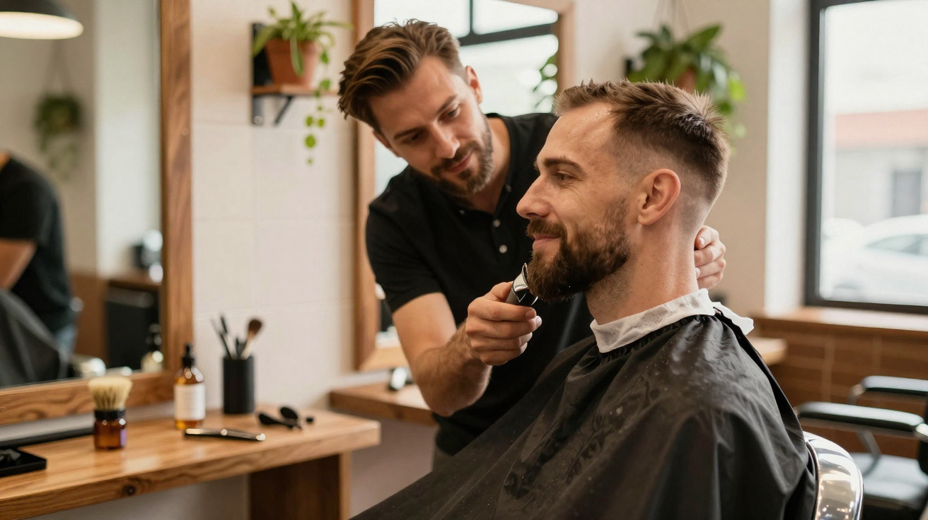 Homem a cortar a barba de um cliente numa barbearia moderna com decoração em madeira e plantas.