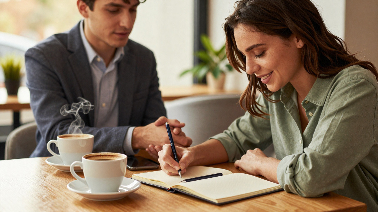 Duas pessoas sentadas à mesa com café, uma mulher a escrever num caderno e um homem a observar.