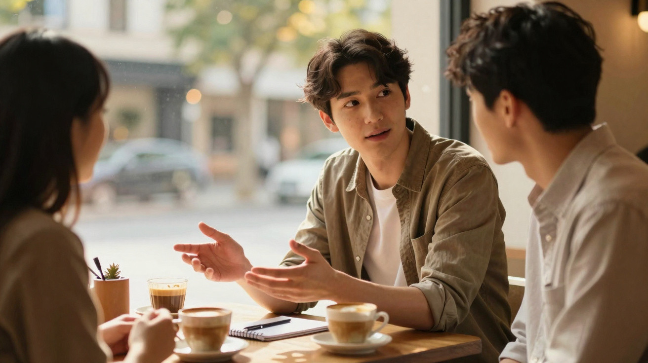 Três jovens sentados à mesa num café a conversar, com bebidas e uma esferográfica à frente.