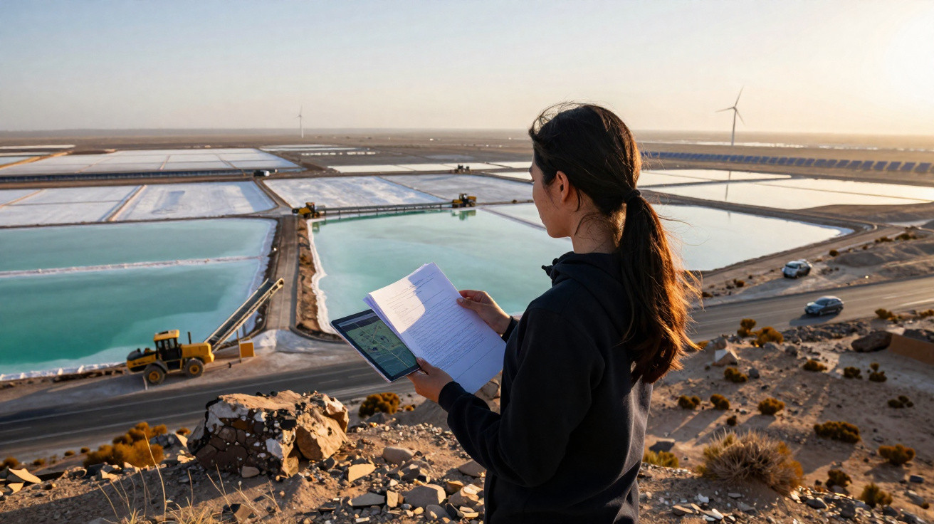 Mulher com papel e tablet observa salinas e turbinas eólicas ao pôr do sol em área árida.