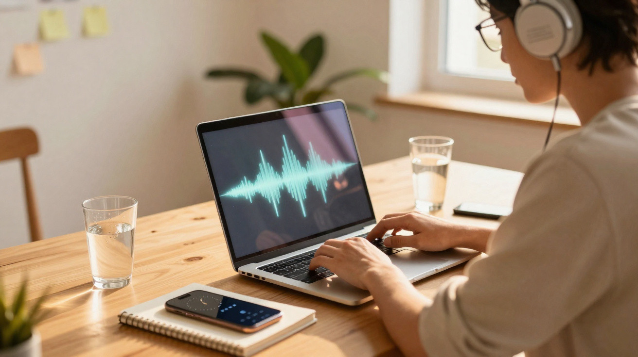 Pessoa com auscultadores a usar computador portátil com gráfico de ondas sonoras numa mesa com copos de água e telemóvel.