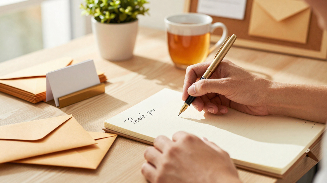 Pessoa a escrever um cartão de agradecimento à mão numa secretária com envelopes e chá.
