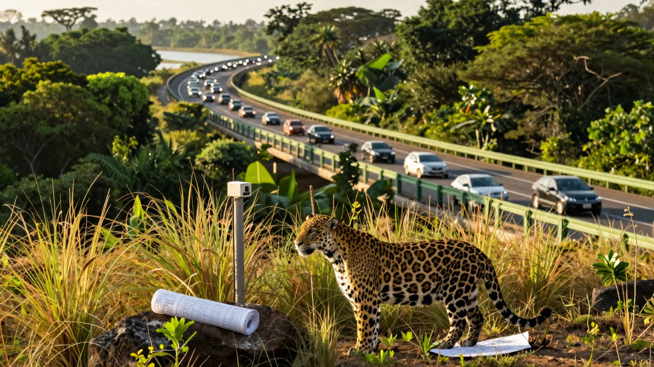 Onça-pintada em área de vegetação junto a estrada movimentada com vários carros ao fundo.