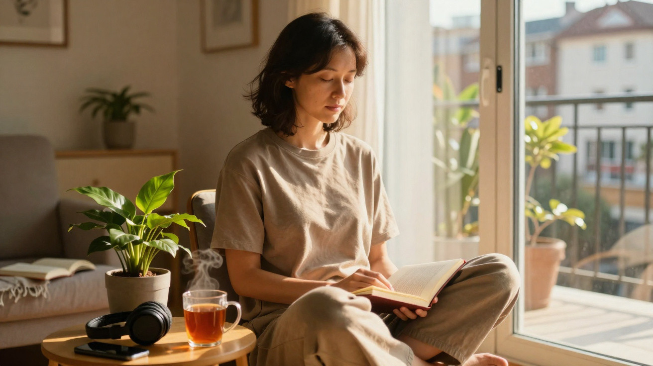 Mulher sentada a ler um livro perto da janela com chá quente e plantas num ambiente acolhedor.