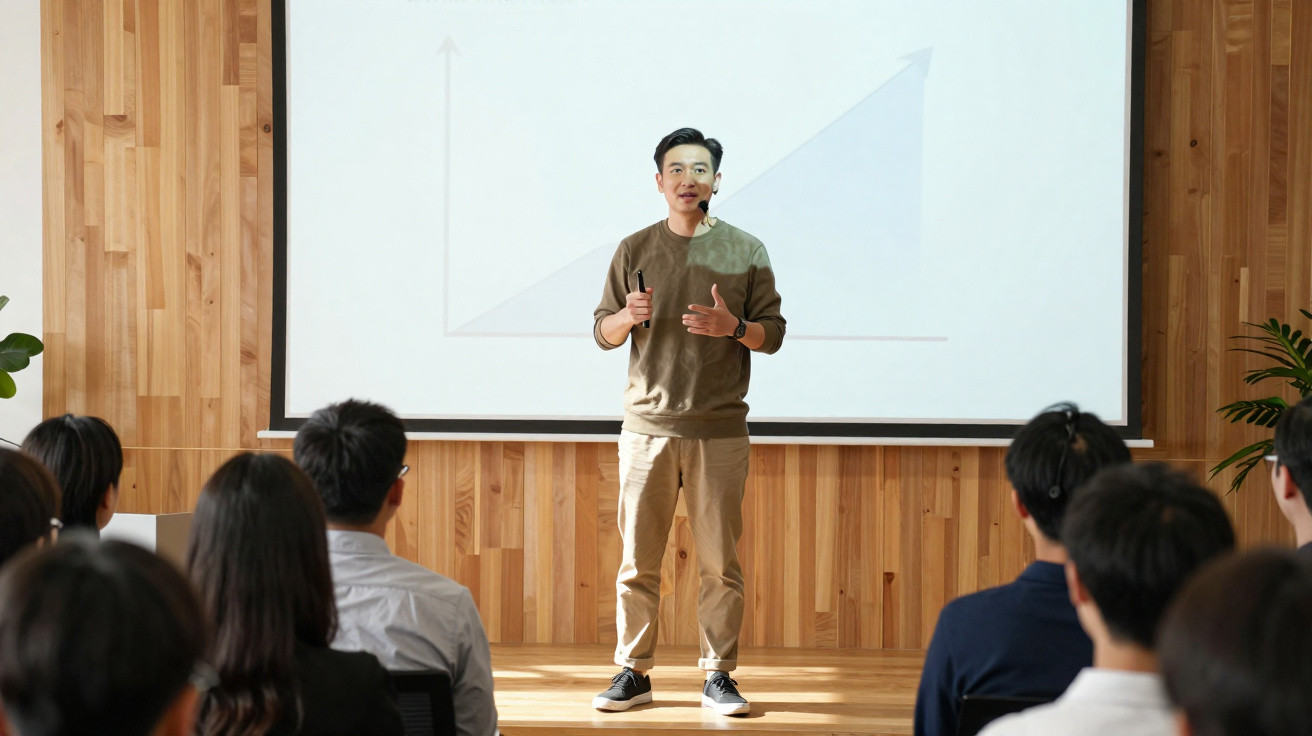 Homem asiático a dar apresentação para público numa sala com paredes de madeira clara e projetor.