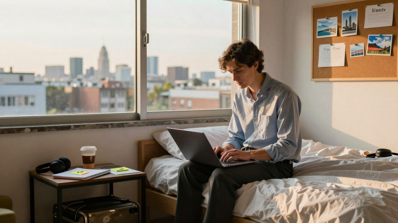 Jovem a trabalhar num portátil sentado numa cama, com janela grande e vista urbana ao fundo.