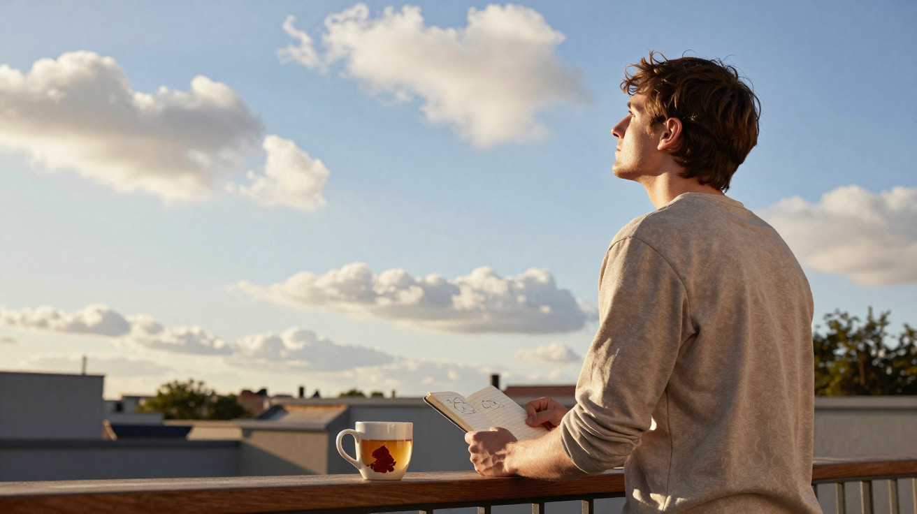 Homem a olhar para o horizonte no terraço, segurando caderno, com chá numa chávena ao lado.