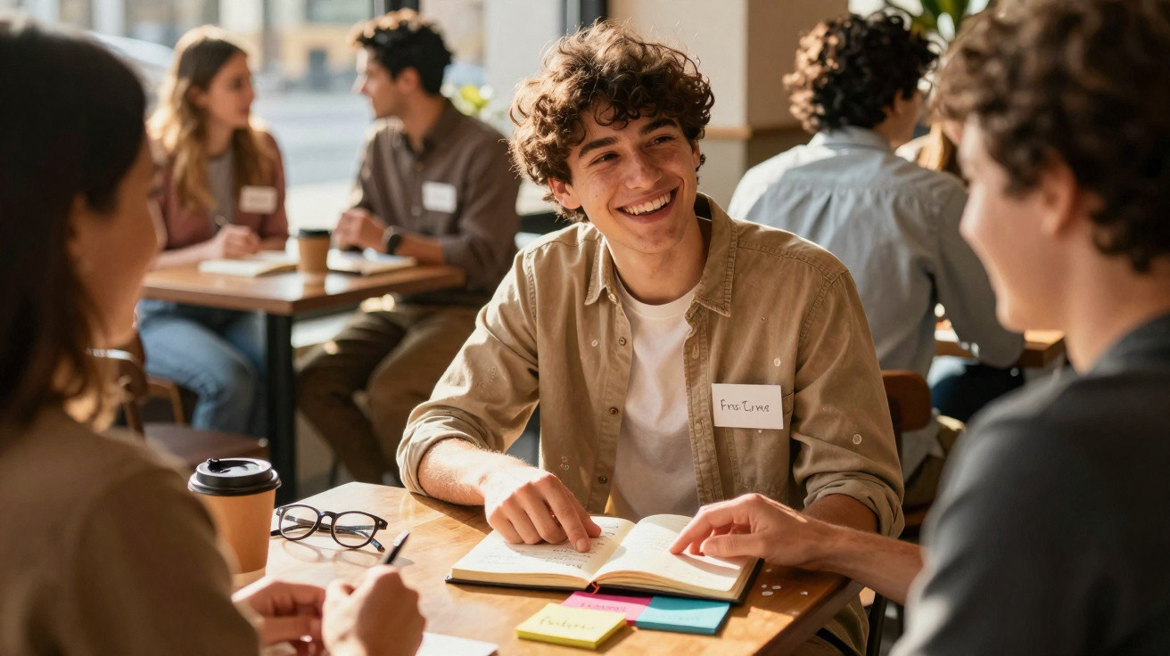 Jovens a conversar e estudar juntos numa mesa de café com livros, notas e café.