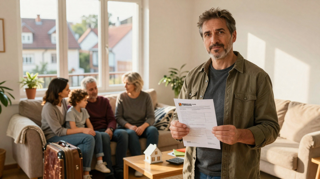 Homem segurando documento de impostos com família sentada no sofá ao fundo numa sala iluminada.