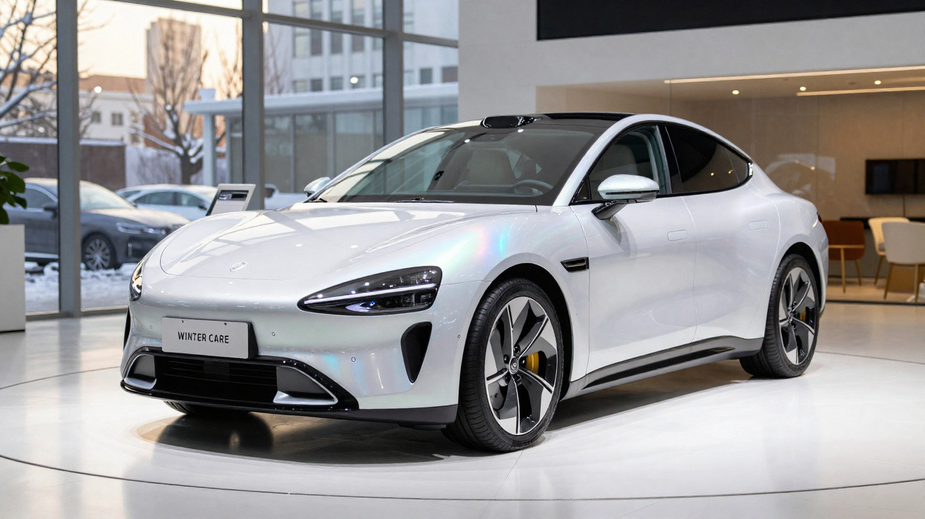 Carro elétrico branco de quatro portas em showroom moderno com janelas amplas.