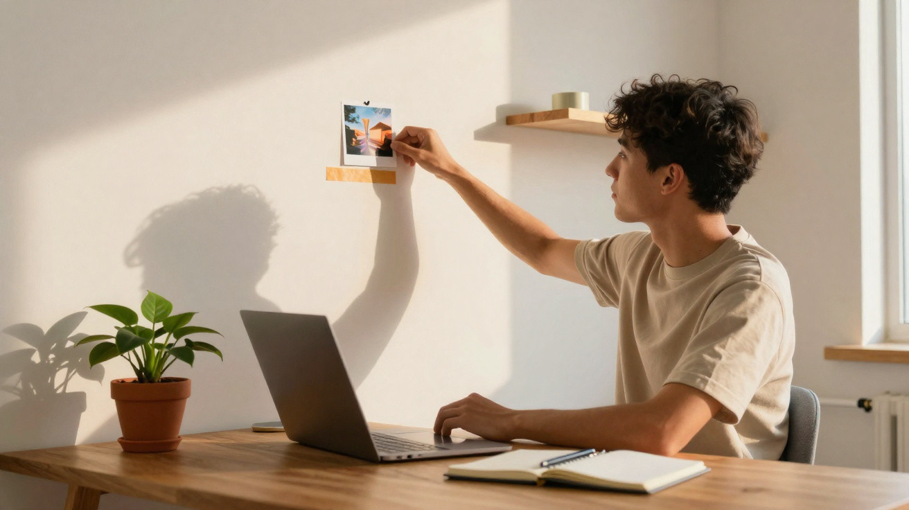 Jovem sentado à secretária a prender fotografia na parede, com computador portátil e planta ao lado.