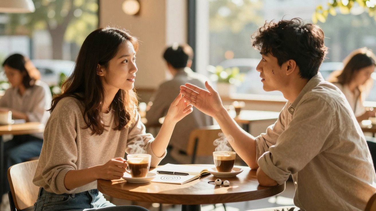 Casal jovem a conversar e a tocar mãos numa mesa de café com duas bebidas quentes.