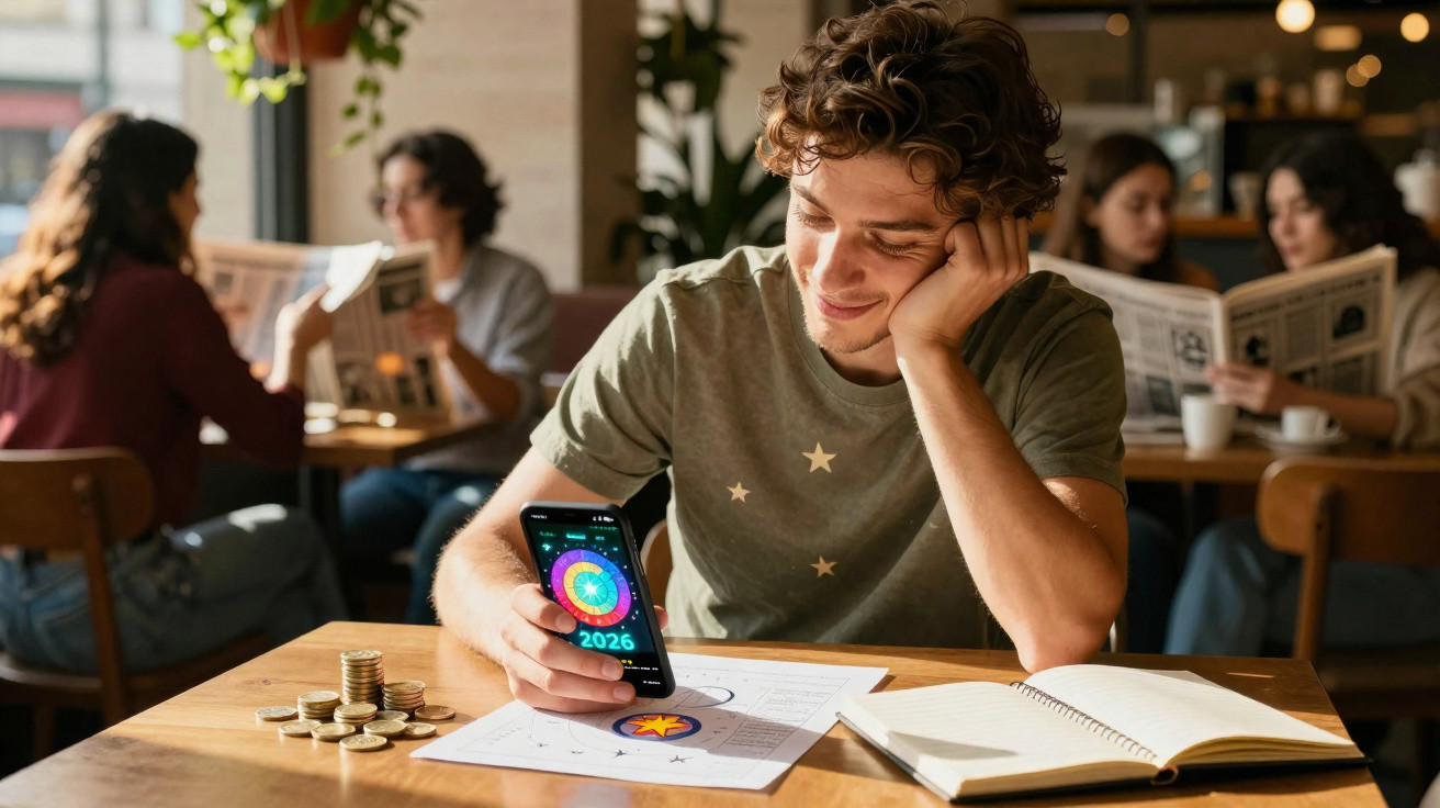 Homem sorridente sentado numa mesa com moedas, livro aberto, papéis e telemóvel a mostrar roda colorida.