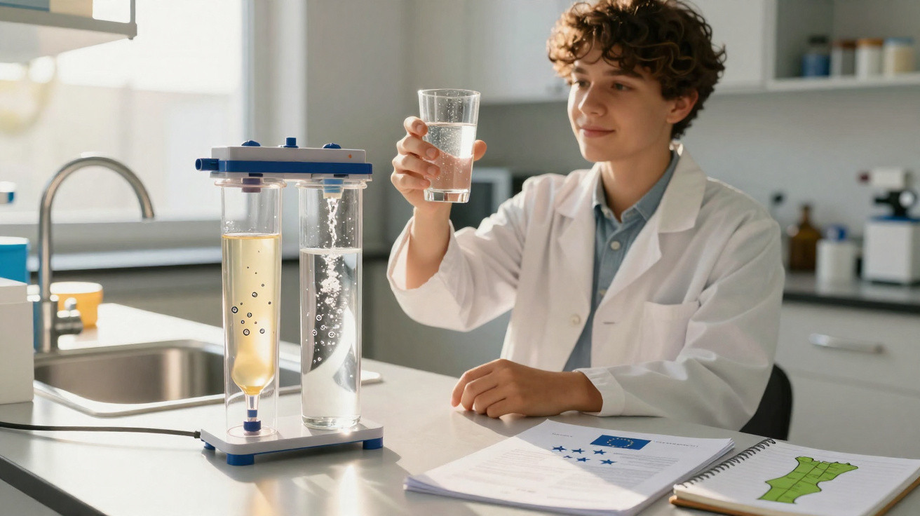 Jovem cientista examina vidro de água transparente em laboratório com equipamente de filtração e documentos.