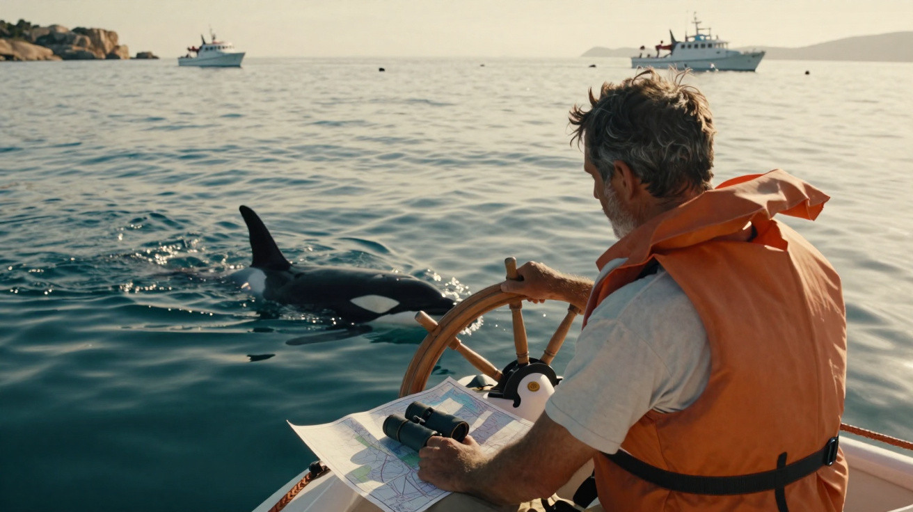 Homem com colete salva-vidas controla barco pequeno próximo a orca na água calma, com dois barcos ao fundo.