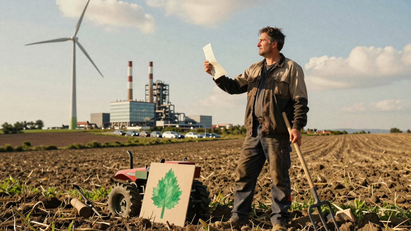 Agricultor no campo com enxada, olhando para um papel, perto de moinho e fábrica ao fundo.