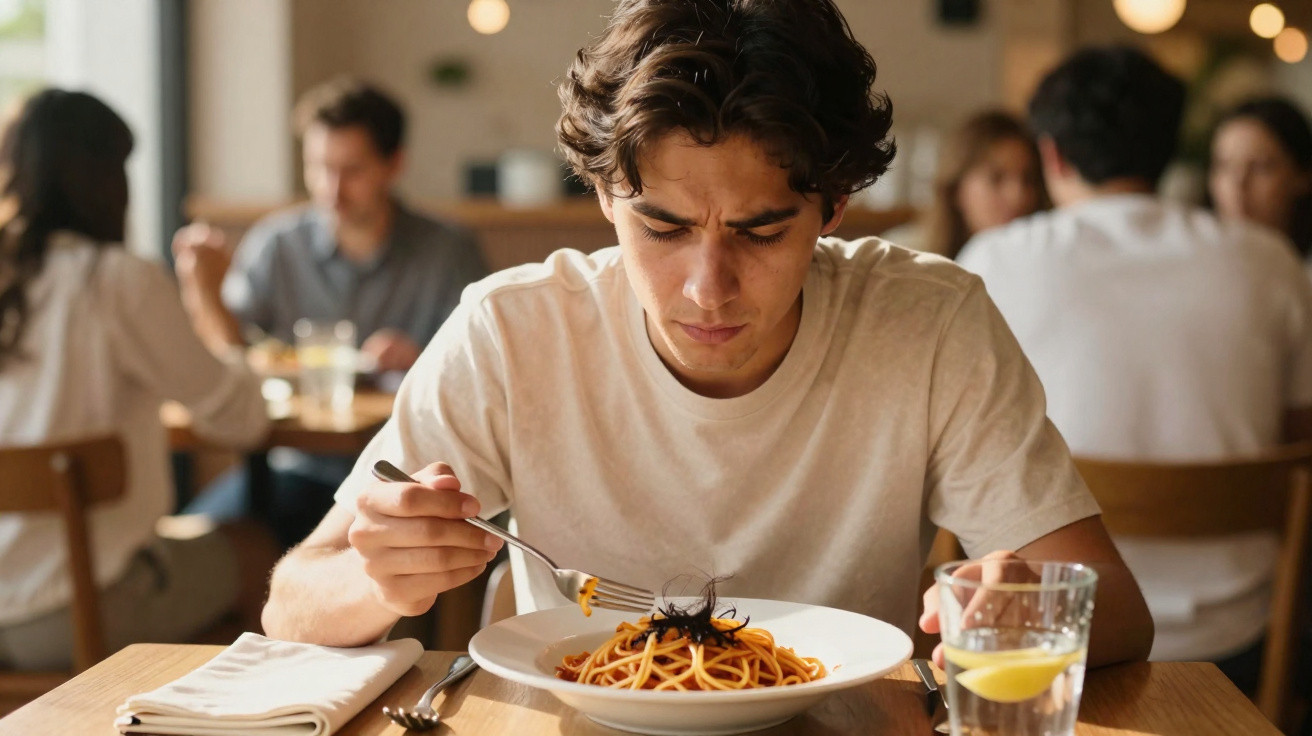 Jovem com expressão desconfortável a olhar para prato de esparguete num restaurante.