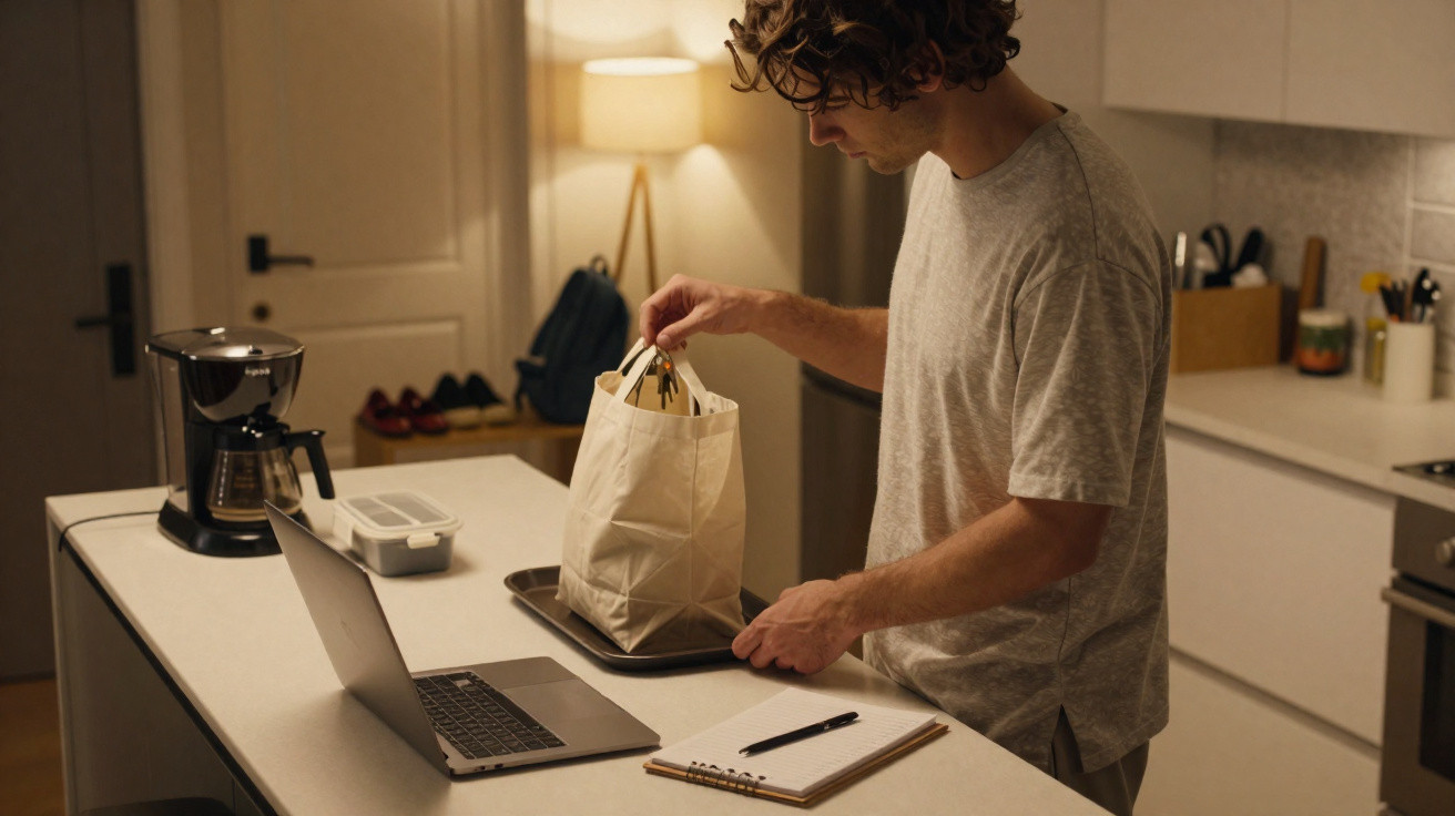 Homem a colocar saco de papel numa bandeja numa cozinha, com portátil e caderno na bancada.