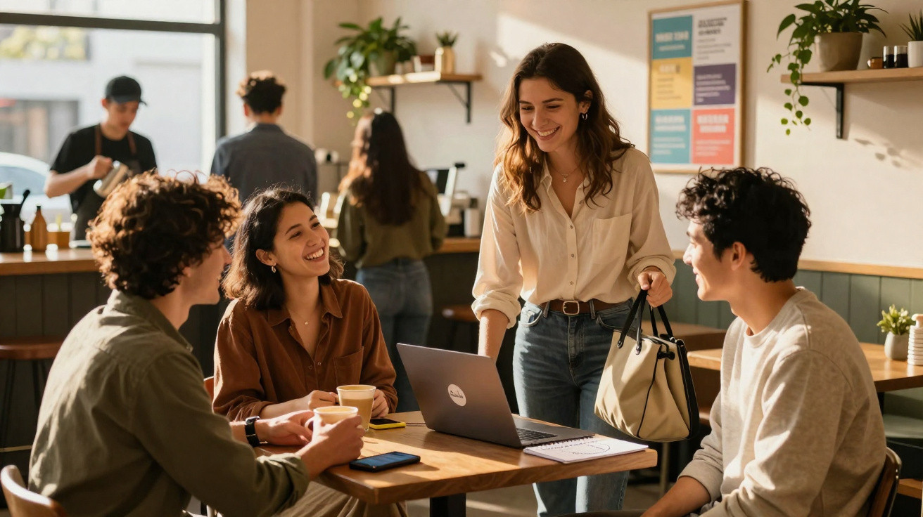 Grupo de jovens conversando e sorrindo à volta de uma mesa com laptop num café luminoso.
