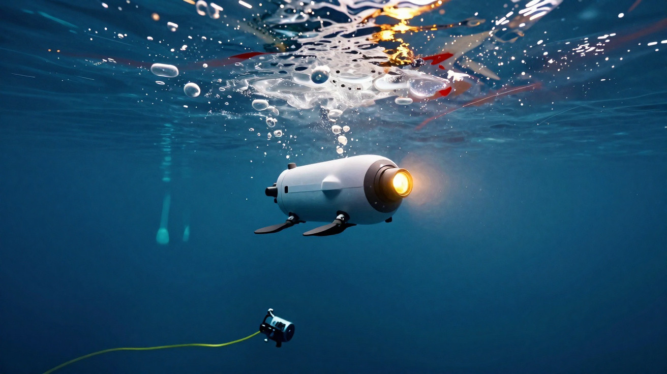 Drone subaquático branco com luz ligada a explorar ambiente marinho azul.