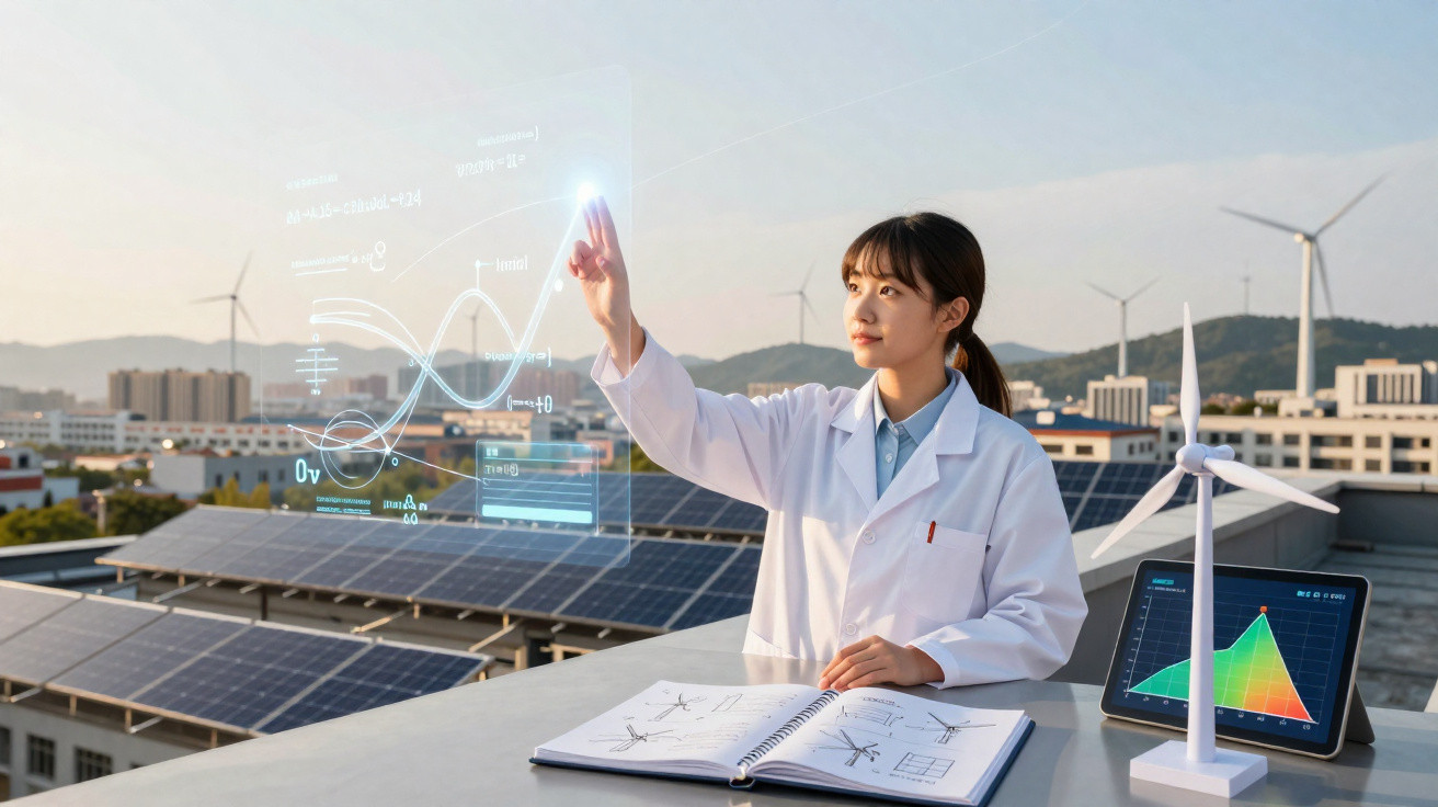 Cientista mulher com bata branca interage com gráficos holográficos em painel solar, moinho e tablet.