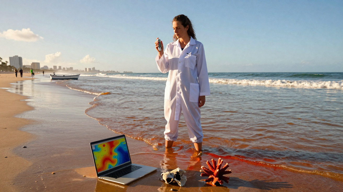 Cientista em fato branco mede qualidade da água na praia com laptop e amostras naturais na areia.
