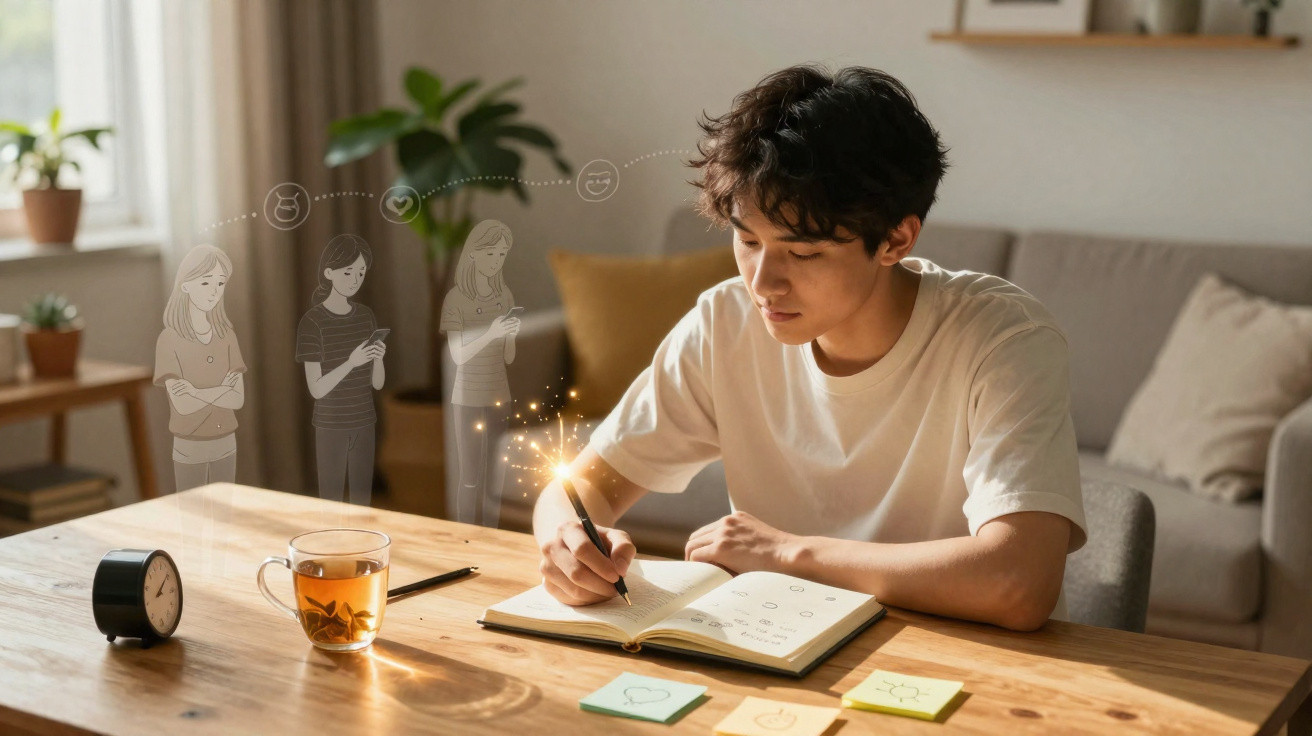 Jovem sentado a escrever num caderno com símbolos digitais e chá numa mesa iluminada pela janela.
