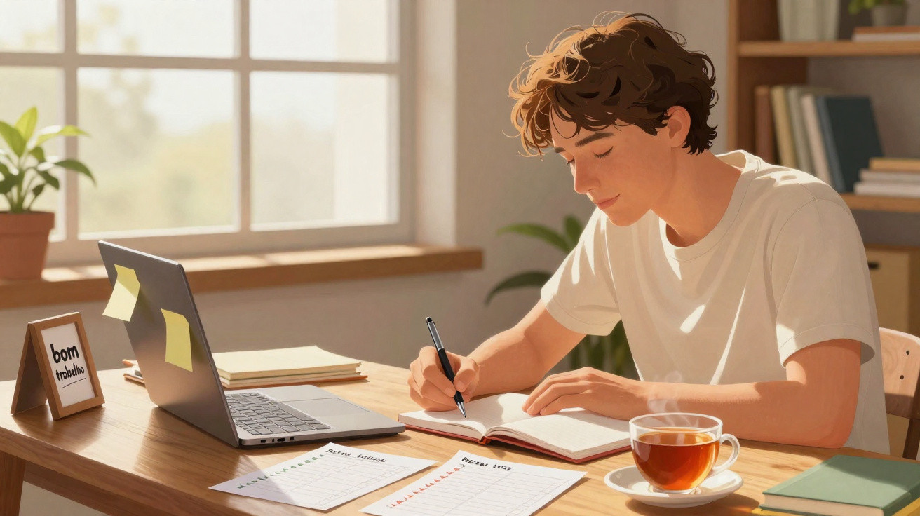 Jovem a estudar numa mesa com caderno, laptop, chá e frases motivacionais num ambiente iluminado e organizado.