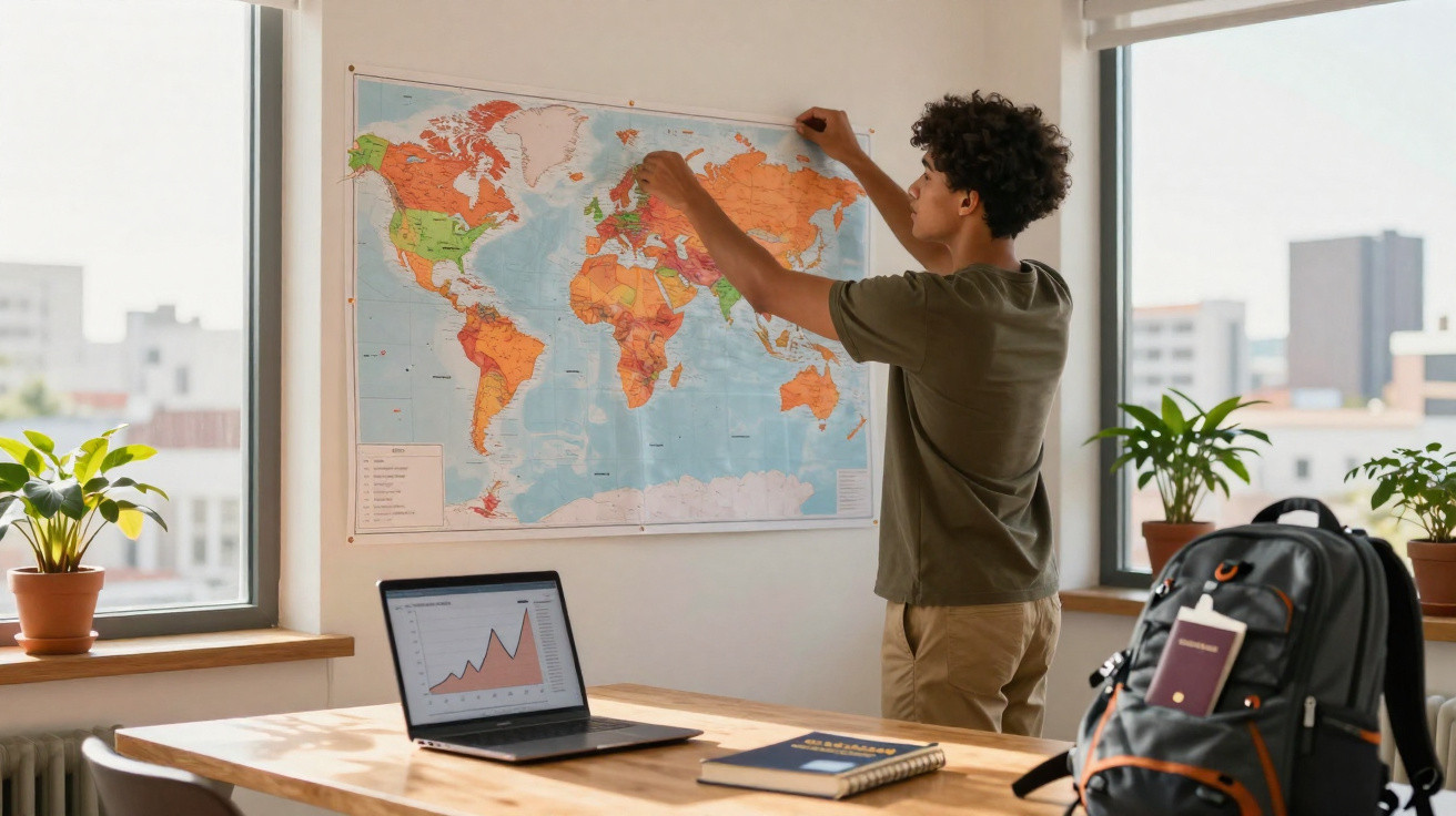 Jovem a colocar mapa-mundo na parede numa divisão com janelas e mesa com computador portátil e mochilas.