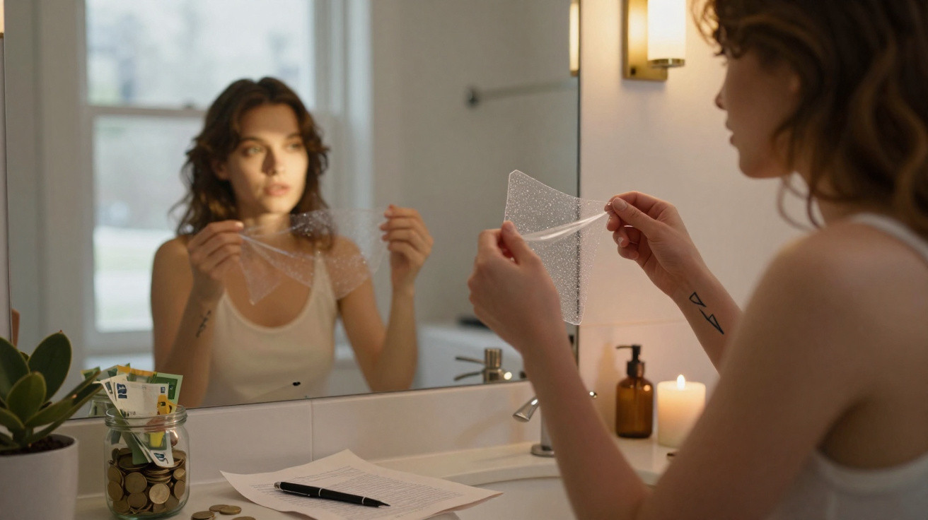 Mulher em casa a sentir uma máscara facial de gel transparente junto a espelho no lavatório.
